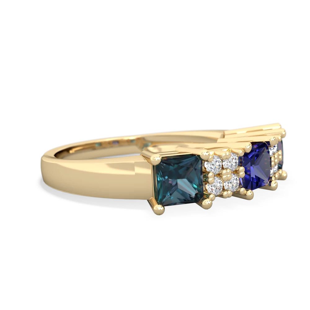 Lab Sapphire Three Stone Diamond Cluster 14K Yellow Gold ring R2592