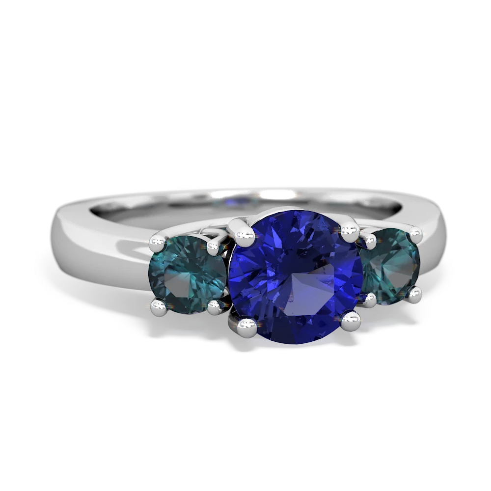 Lab Sapphire Three Stone Round Trellis 14K White Gold ring R4018