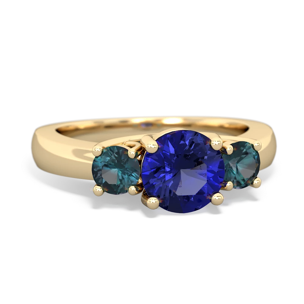 Lab Sapphire Three Stone Round Trellis 14K Yellow Gold ring R4018