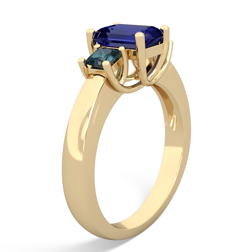 Lab Sapphire Three Stone Emerald-Cut Trellis 14K Yellow Gold ring R4021