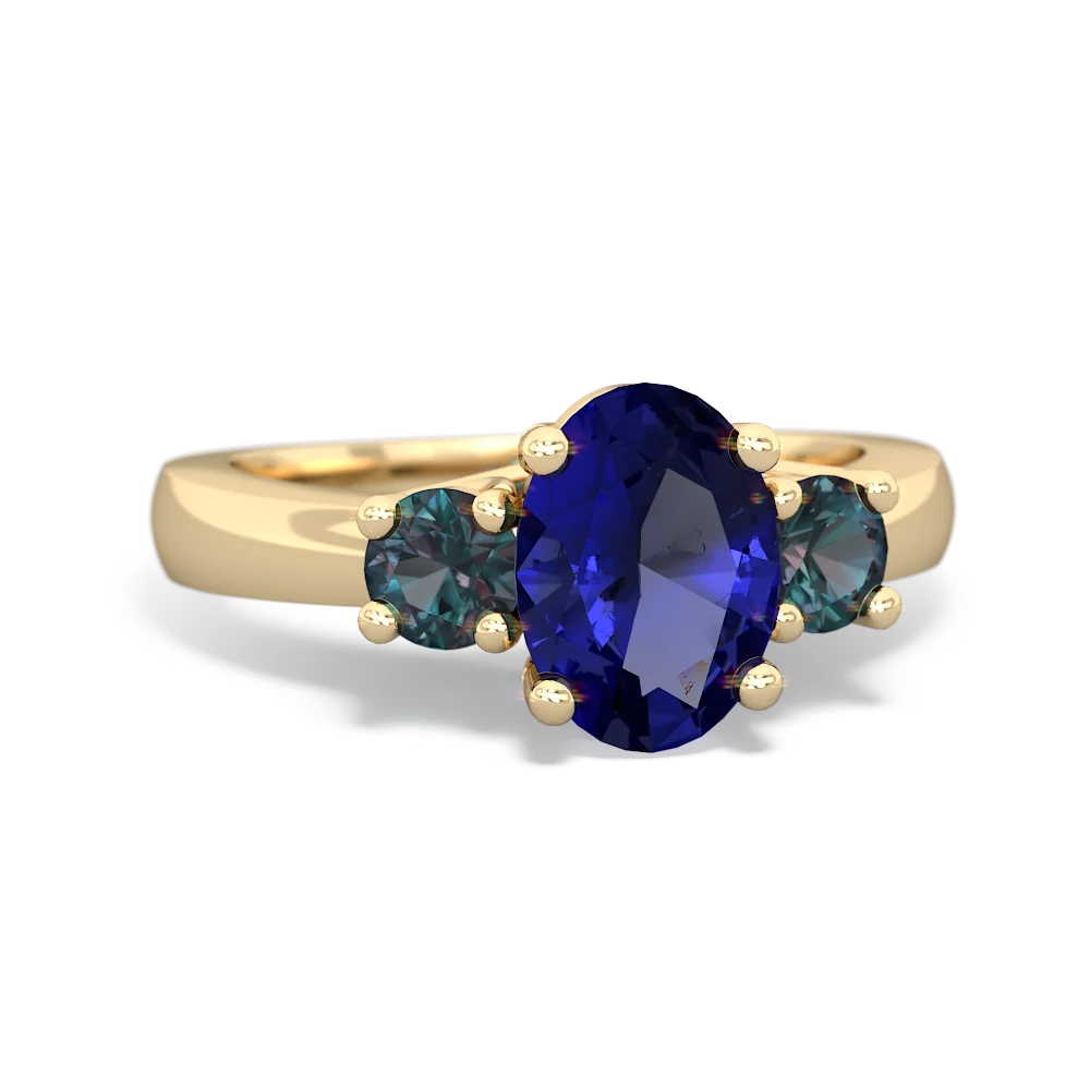 Lab Sapphire Three Stone Oval Trellis 14K Yellow Gold ring R4024