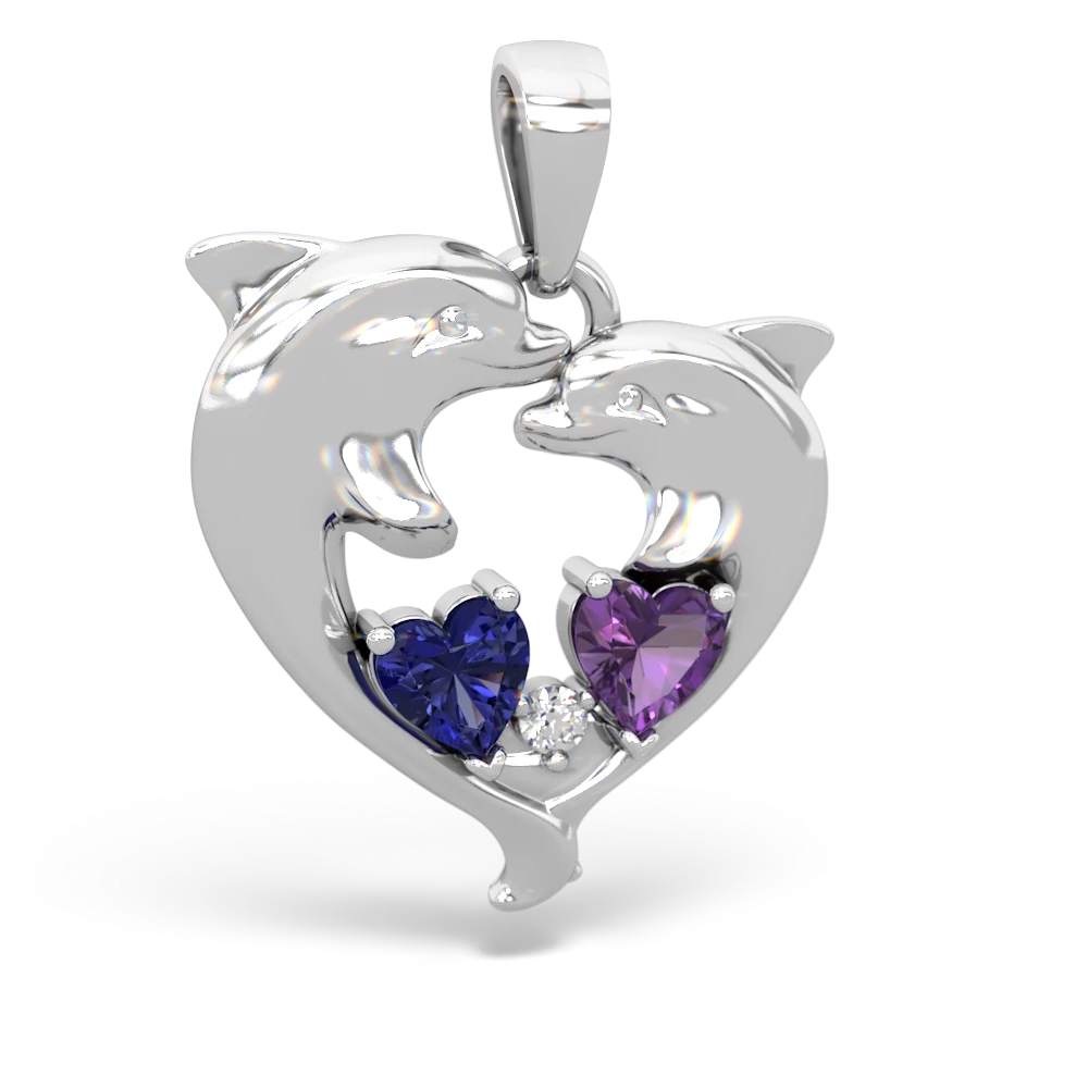 Lab Sapphire Dolphin Heart 14K White Gold pendant P5820