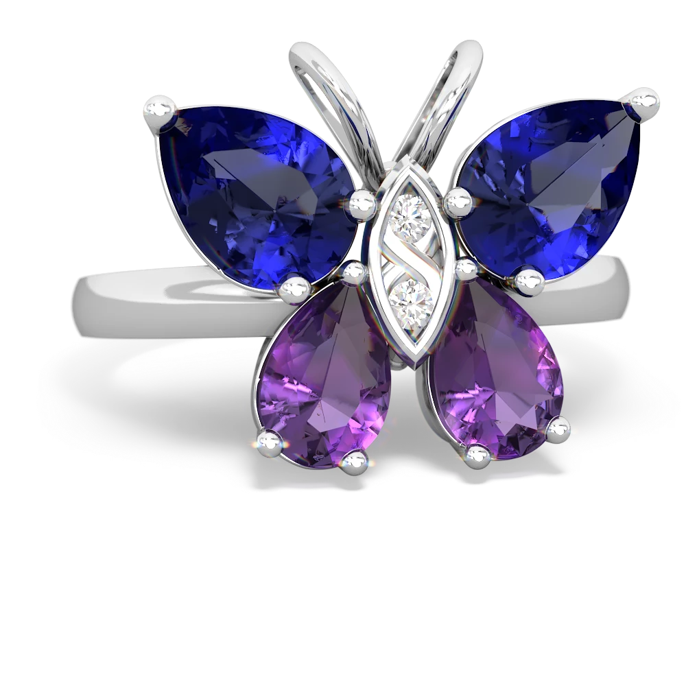 Lab Sapphire Butterfly 14K White Gold ring R2215