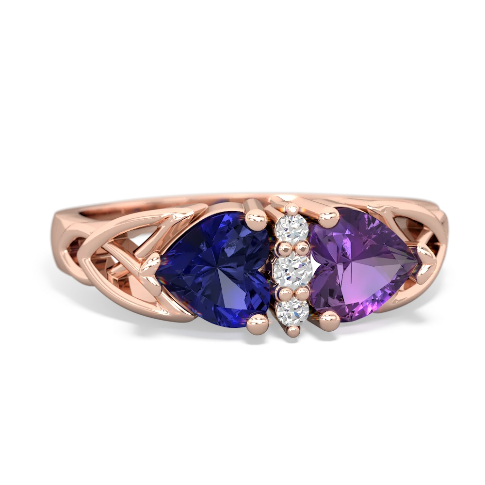 Lab Sapphire Celtic Knot Double Heart 14K Rose Gold ring R5040