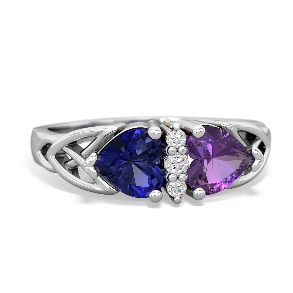 Lab Sapphire Celtic Knot Double Heart 14K White Gold ring R5040