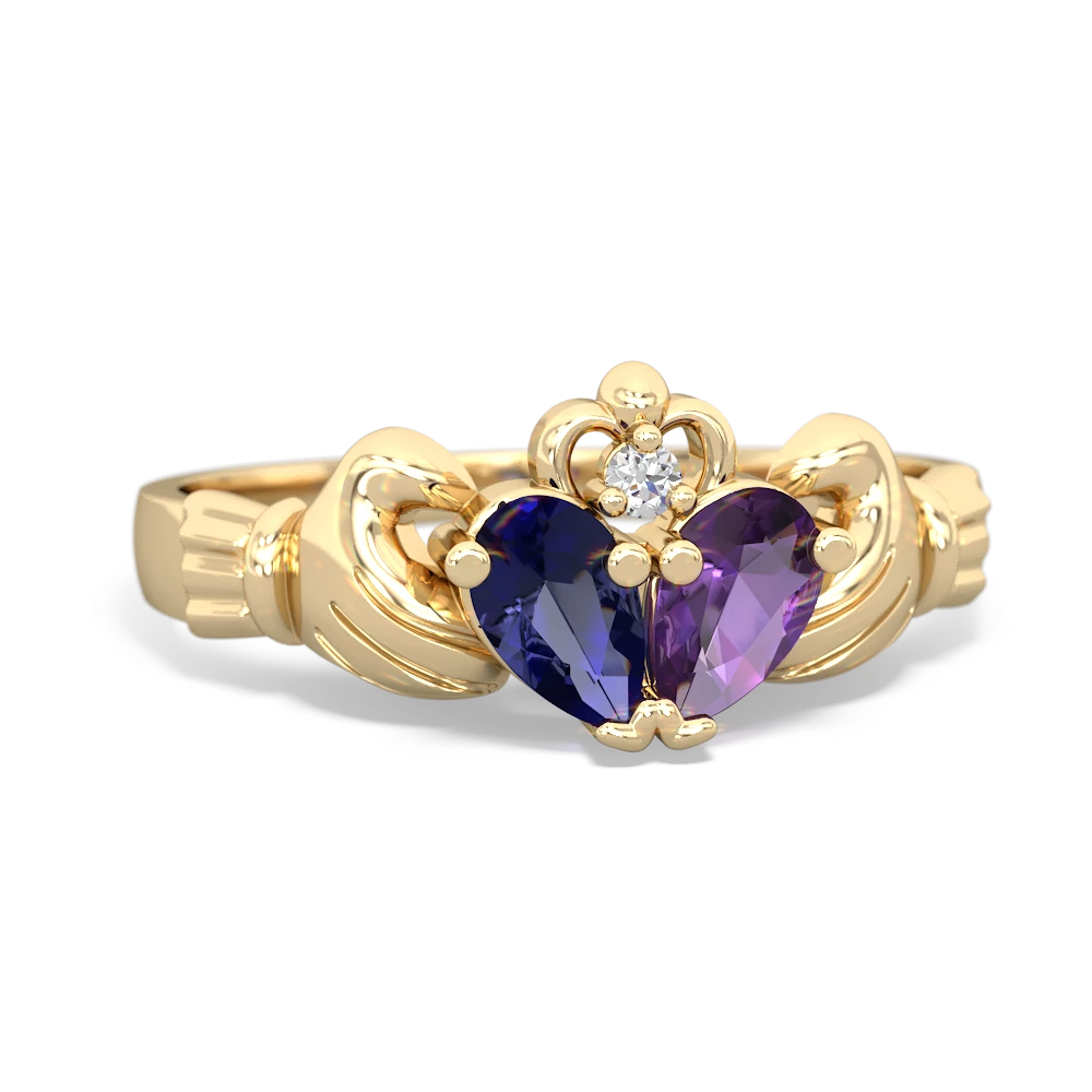 Lab Sapphire 'Our Heart' Claddagh 14K Yellow Gold ring R2388