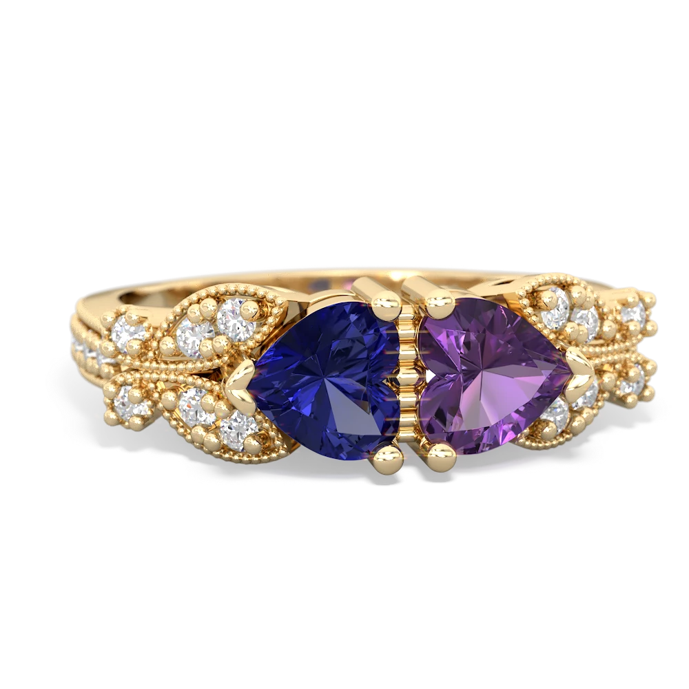 Lab Sapphire Diamond Butterflies 14K Yellow Gold ring R5601