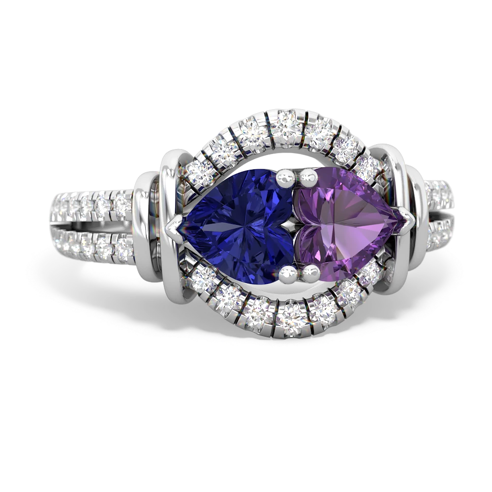 Lab Sapphire Art-Deco Keepsake 14K White Gold ring R5630