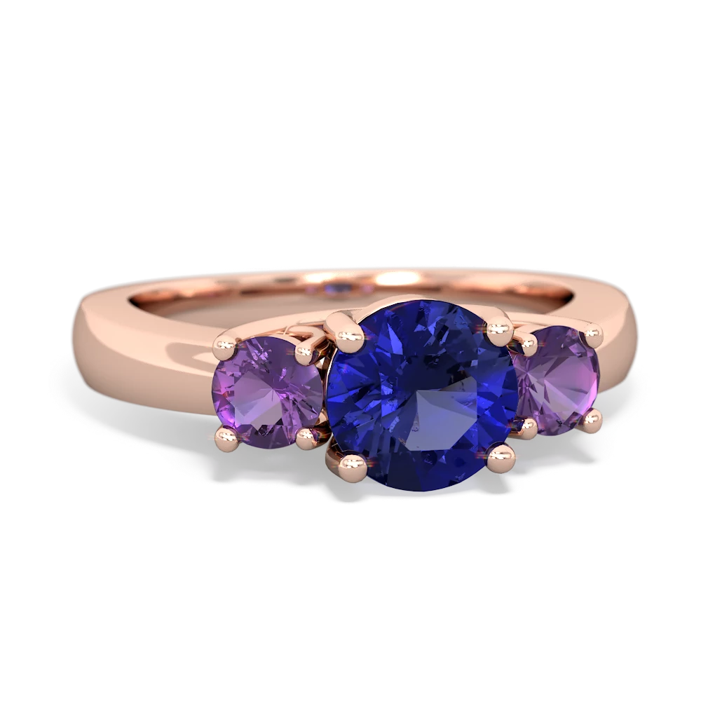 Lab Sapphire Three Stone Round Trellis 14K Rose Gold ring R4018