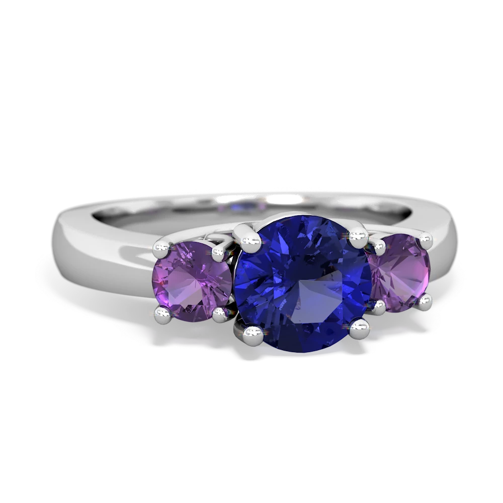 Lab Sapphire Three Stone Round Trellis 14K White Gold ring R4018