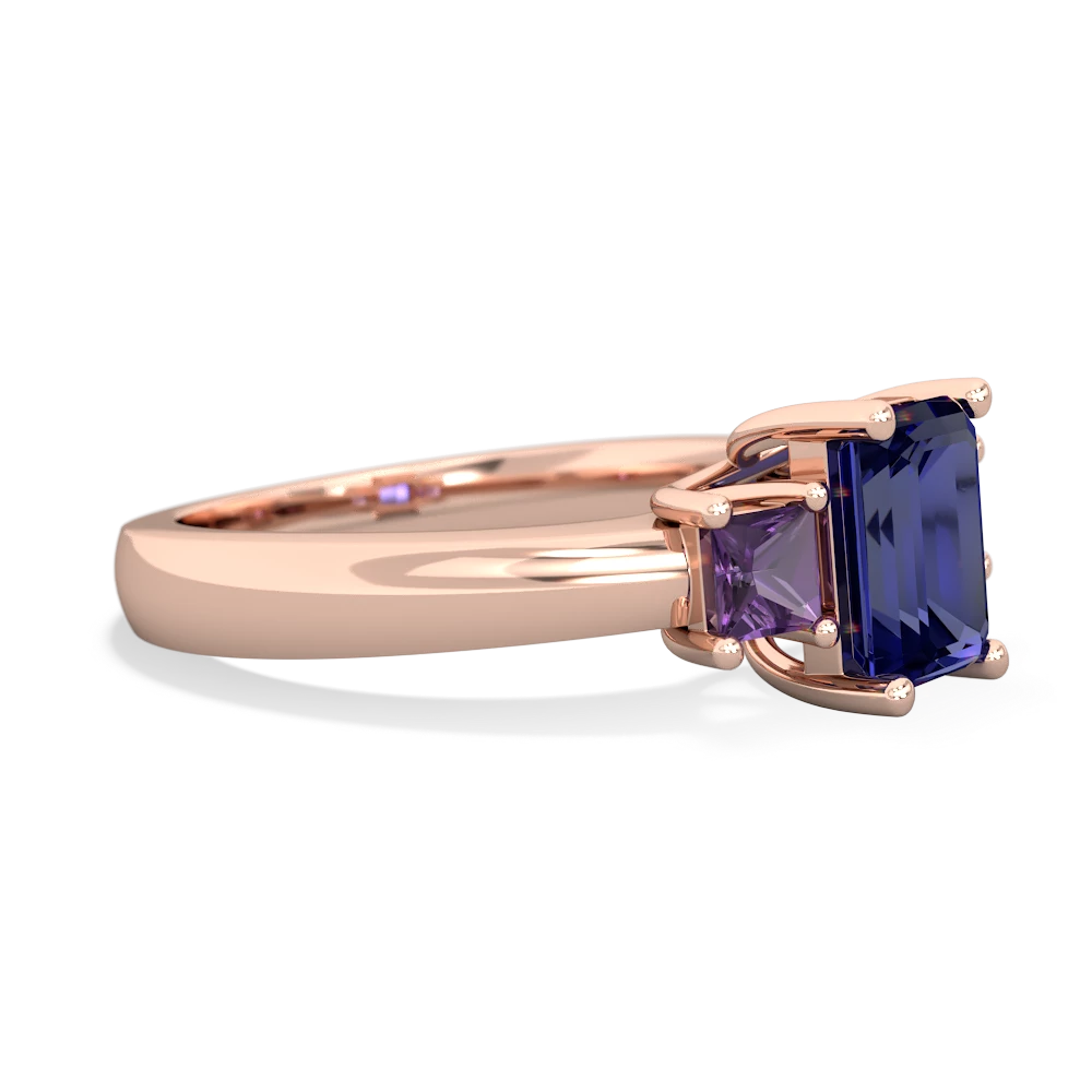 Lab Sapphire Three Stone Emerald-Cut Trellis 14K Rose Gold ring R4021