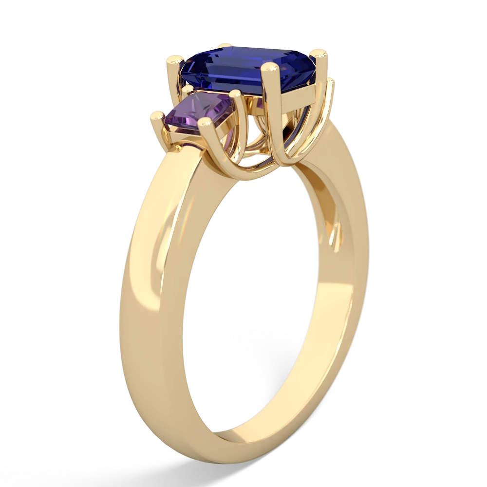 Lab Sapphire Three Stone Emerald-Cut Trellis 14K Yellow Gold ring R4021