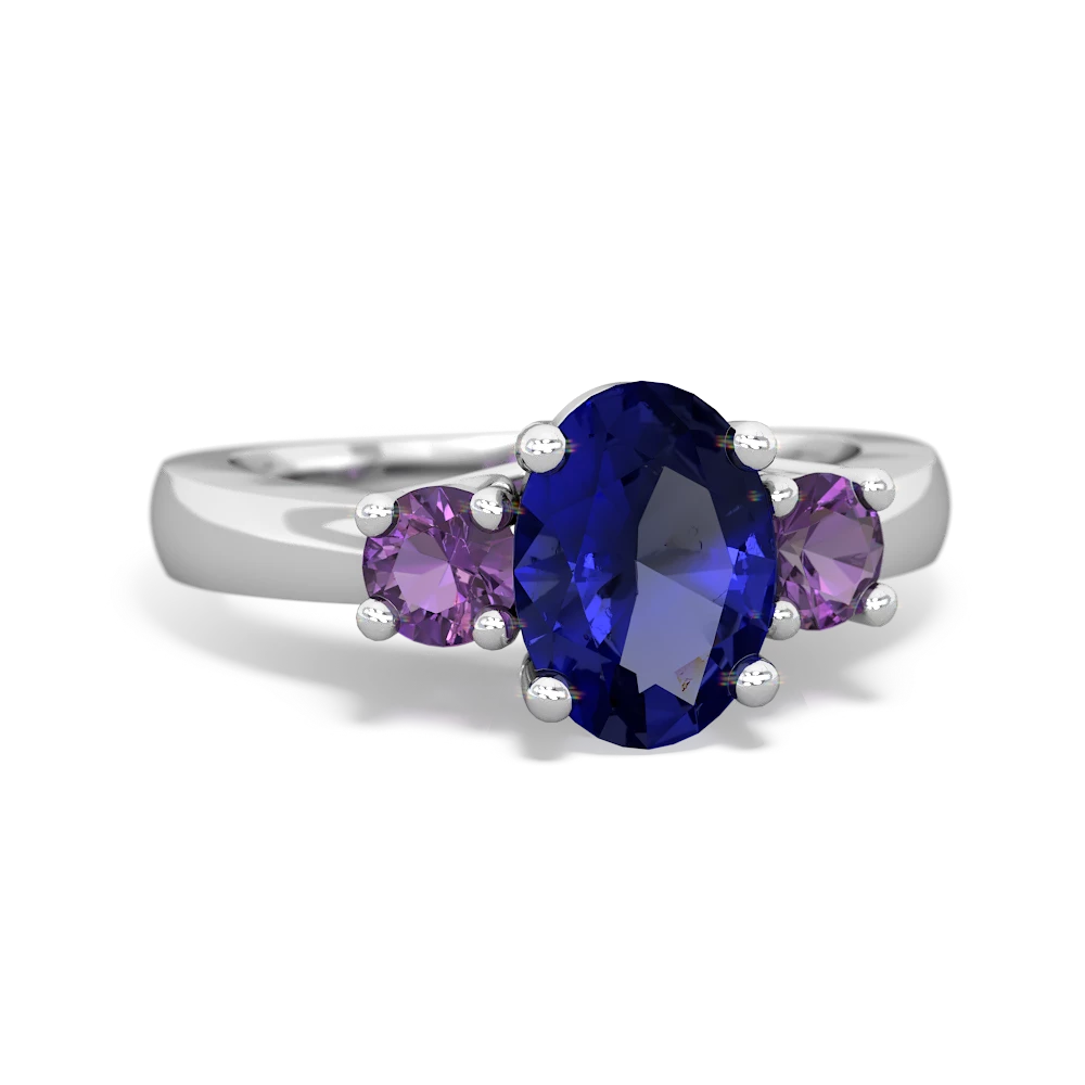 Lab Sapphire Three Stone Oval Trellis 14K White Gold ring R4024