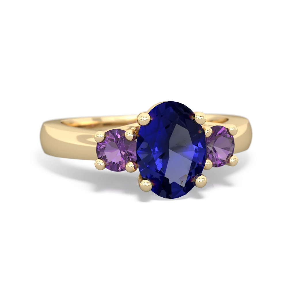 Lab Sapphire Three Stone Oval Trellis 14K Yellow Gold ring R4024