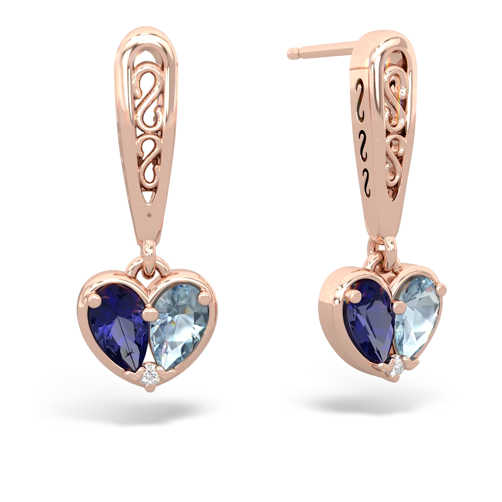 Lab Sapphire Filligree Heart 14K Rose Gold earrings E5070