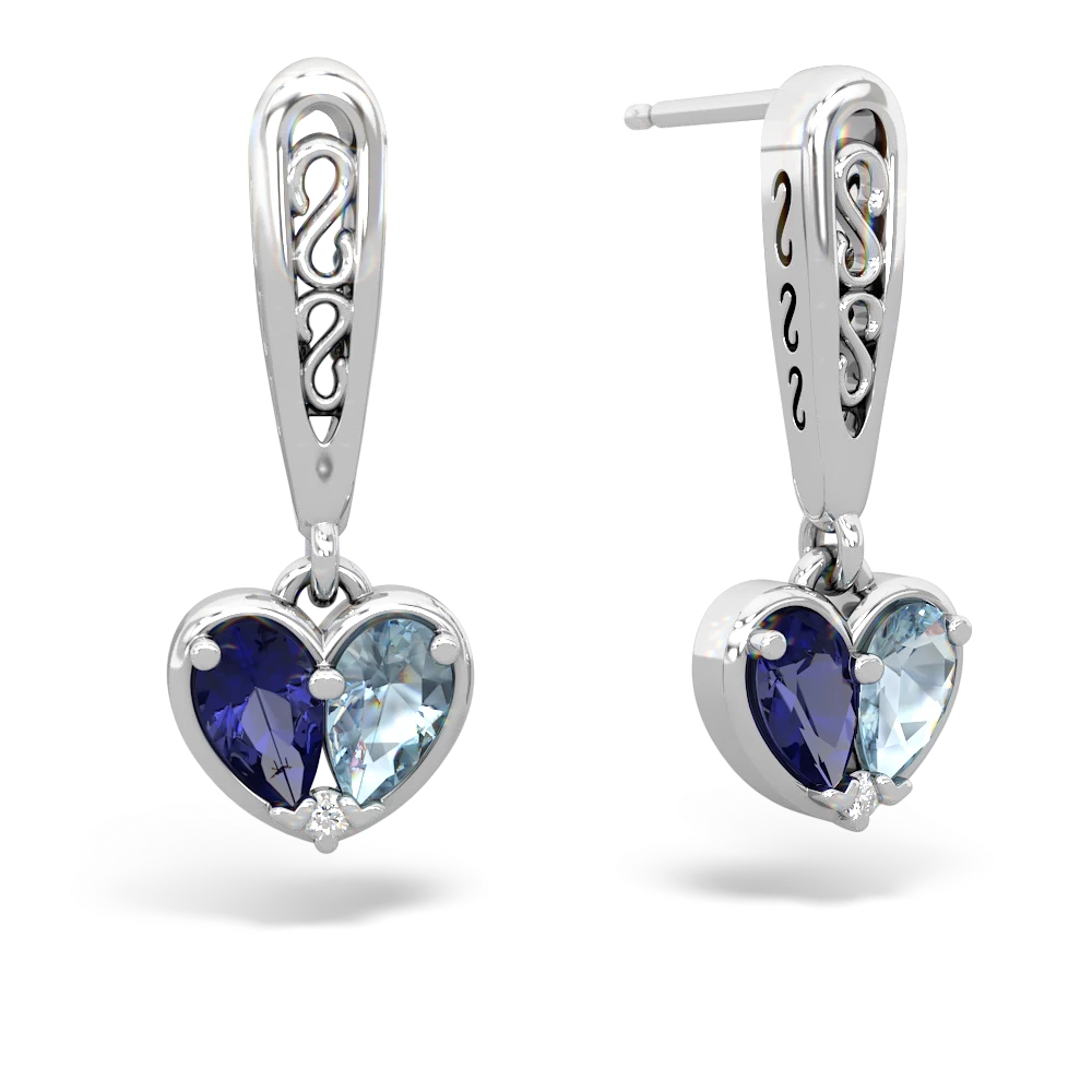 Lab Sapphire Filligree Heart 14K White Gold earrings E5070