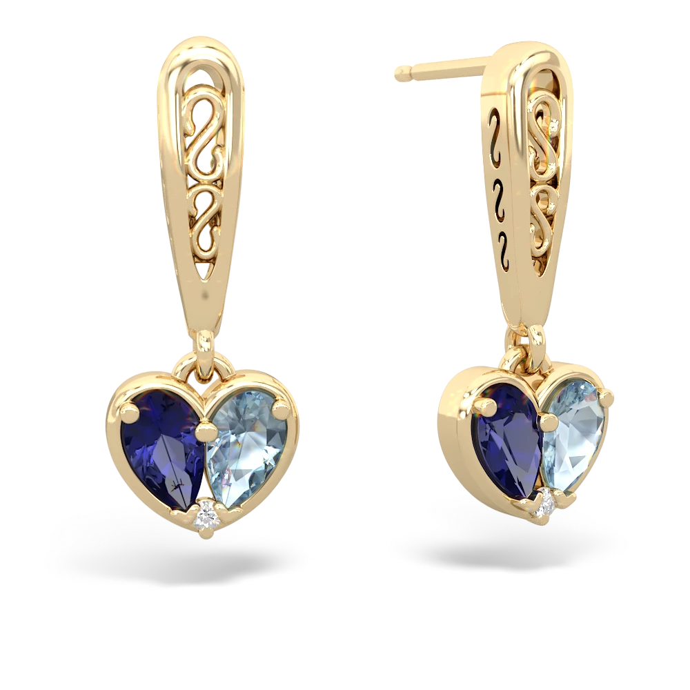 Lab Sapphire Filligree Heart 14K Yellow Gold earrings E5070