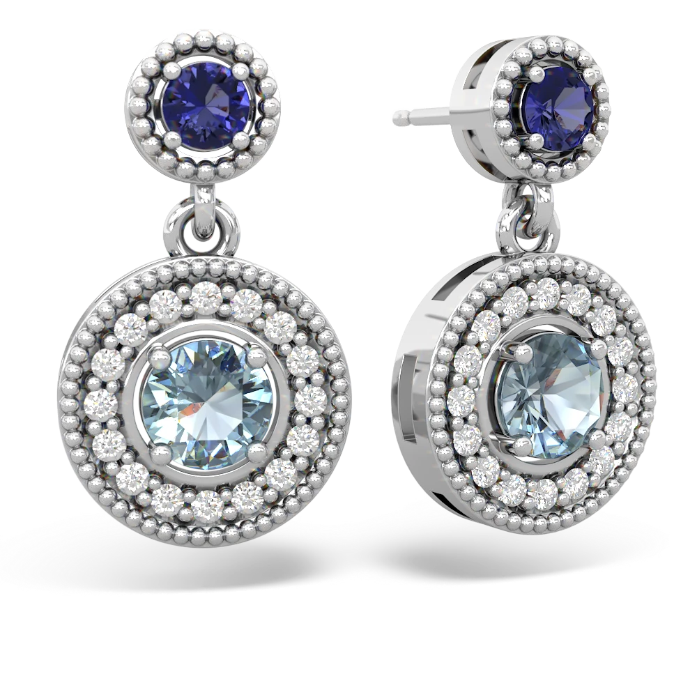 Lab Sapphire Halo Dangle 14K White Gold earrings E5319