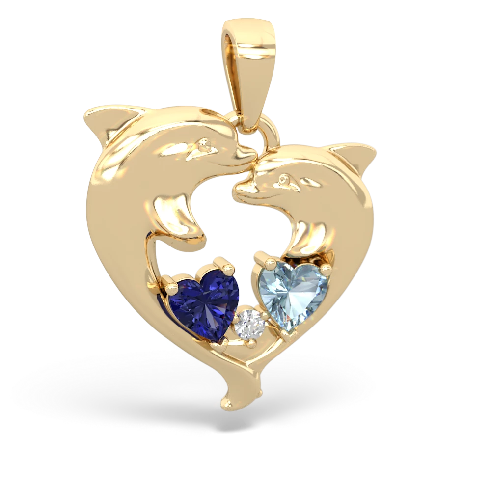 Lab Sapphire Dolphin Heart 14K Yellow Gold pendant P5820