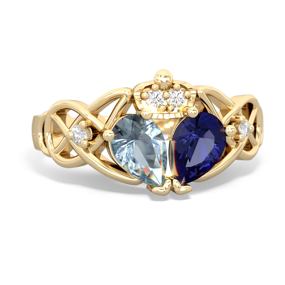 Lab Sapphire 'One Heart' Celtic Knot Claddagh 14K Yellow Gold ring R5322