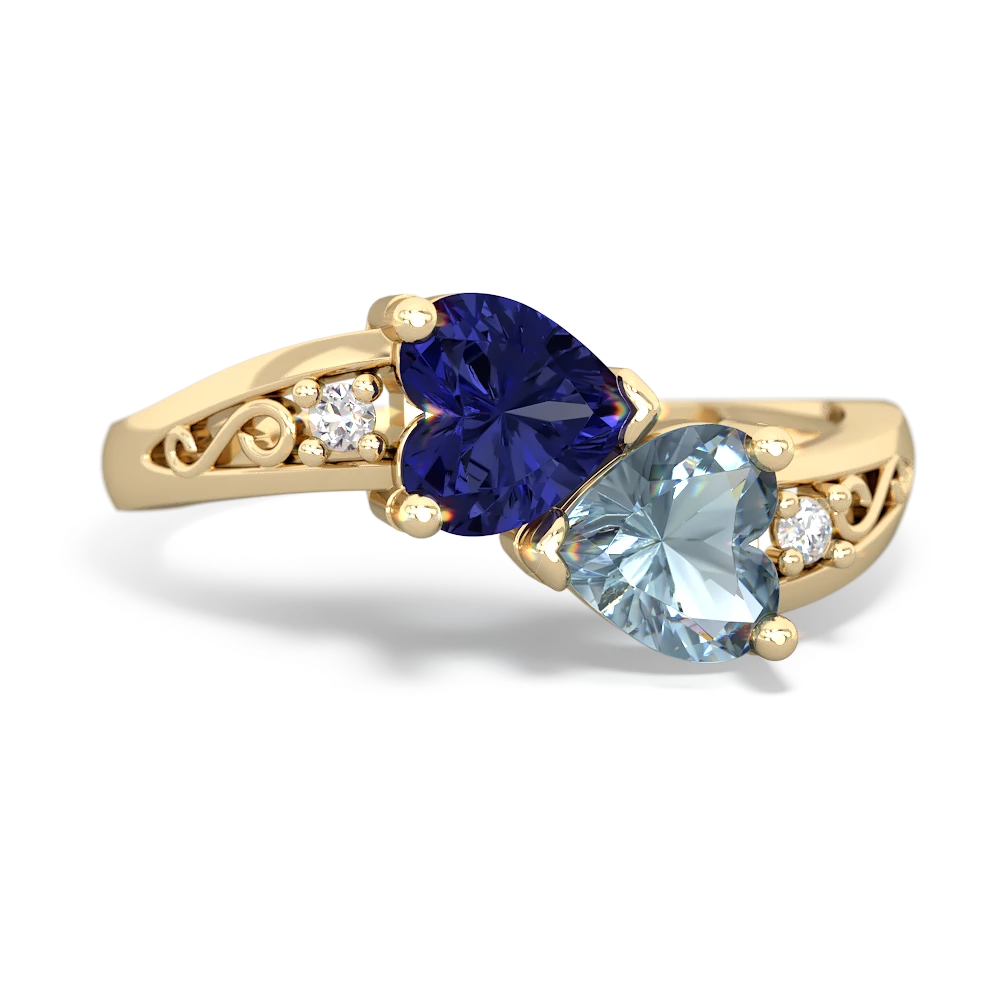 Lab Sapphire Snuggling Hearts 14K Yellow Gold ring R2178