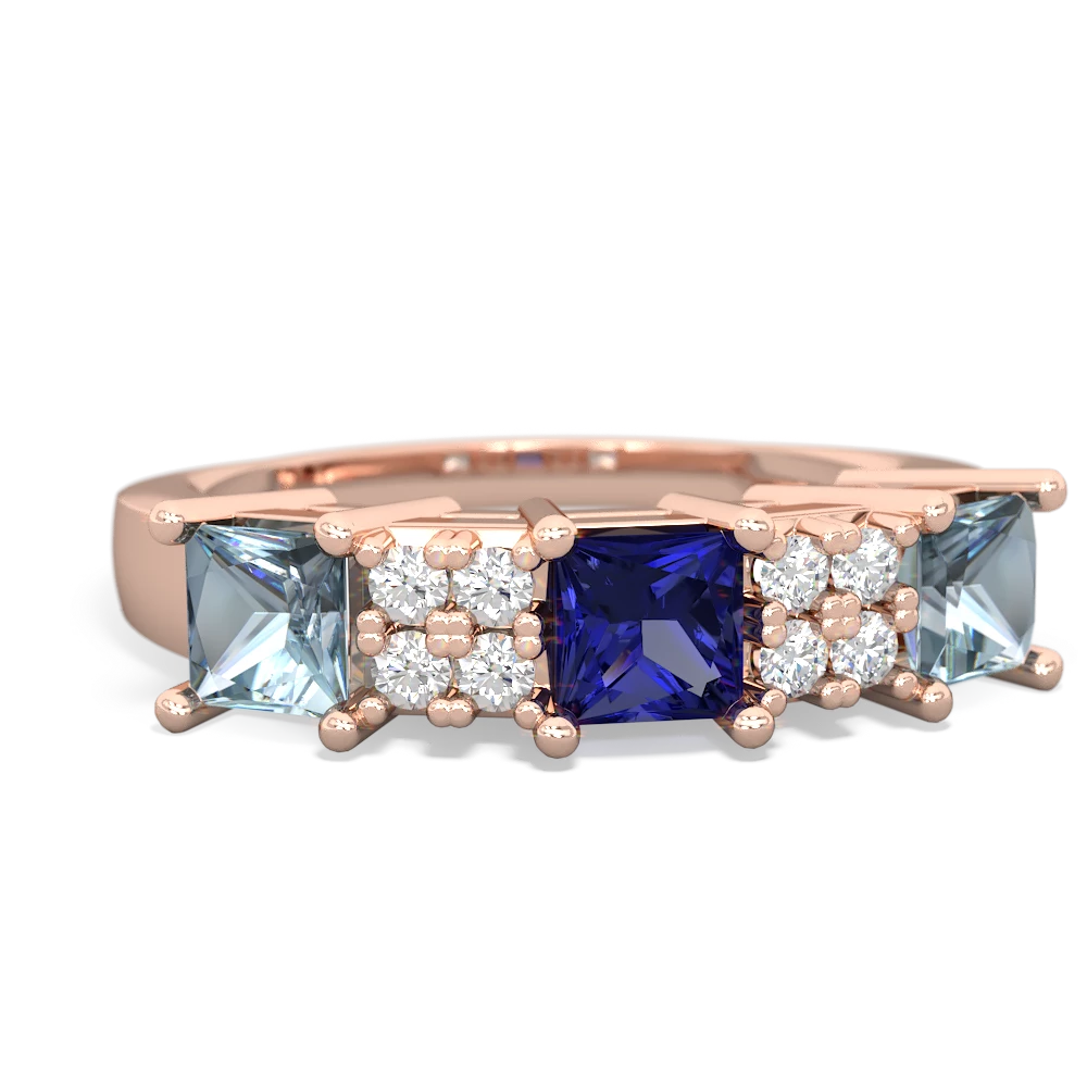 Lab Sapphire Three Stone Diamond Cluster 14K Rose Gold ring R2592