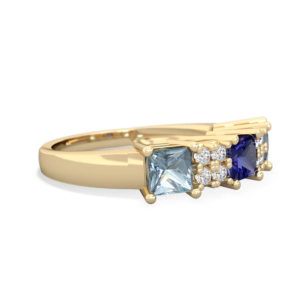 Lab Sapphire Three Stone Diamond Cluster 14K Yellow Gold ring R2592