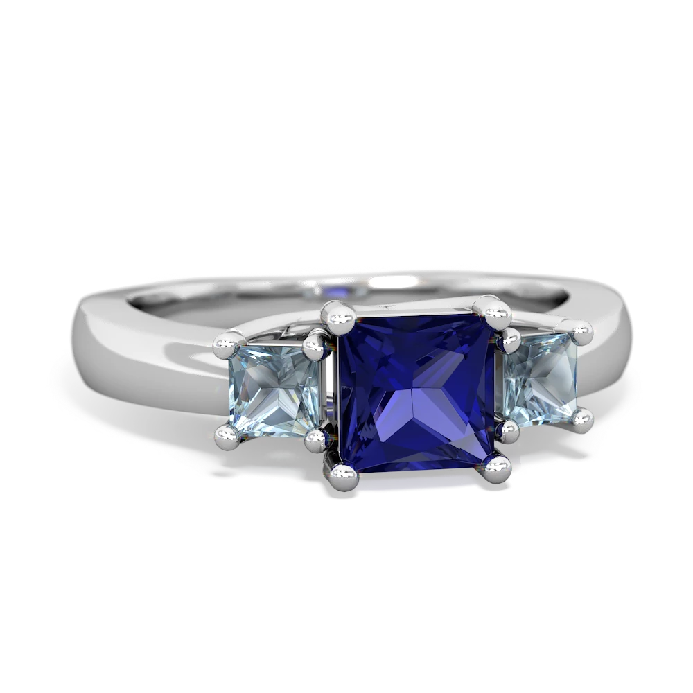 Lab Sapphire Three Stone Trellis 14K White Gold ring R4015