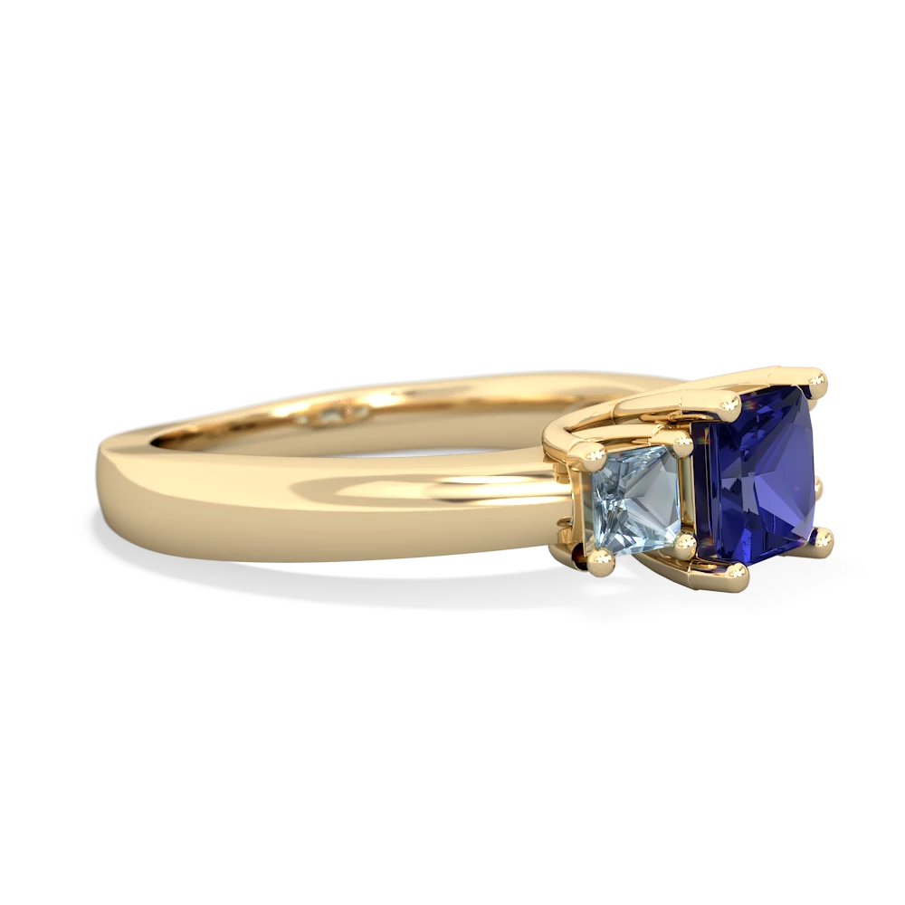 Lab Sapphire Three Stone Trellis 14K Yellow Gold ring R4015