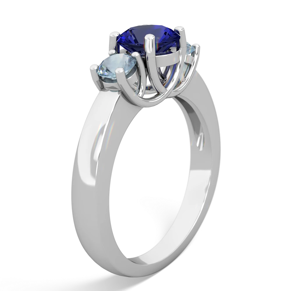 Lab Sapphire Three Stone Round Trellis 14K White Gold ring R4018