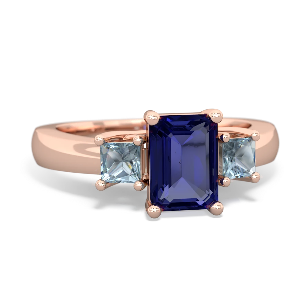 Lab Sapphire Three Stone Emerald-Cut Trellis 14K Rose Gold ring R4021