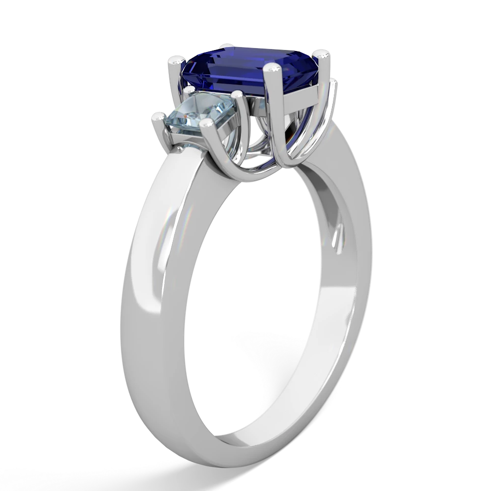 Lab Sapphire Three Stone Emerald-Cut Trellis 14K White Gold ring R4021