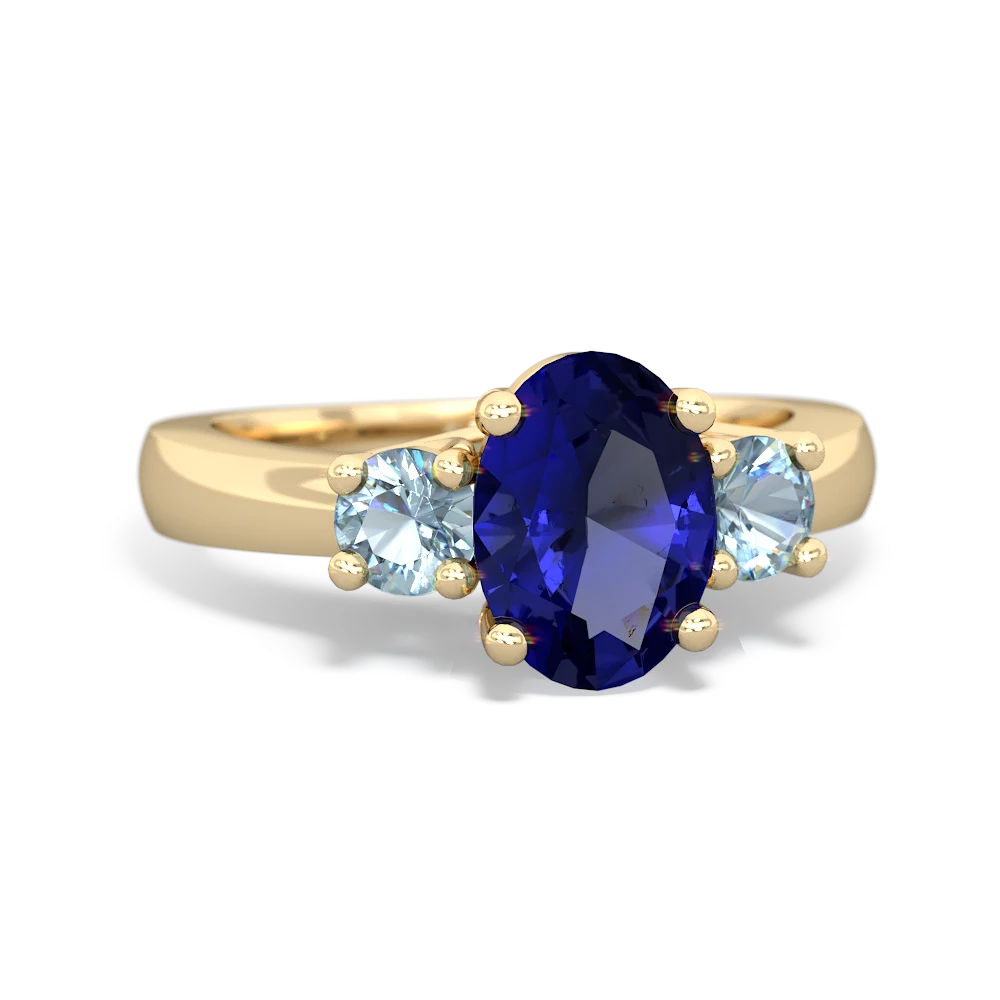 Lab Sapphire Three Stone Oval Trellis 14K Yellow Gold ring R4024