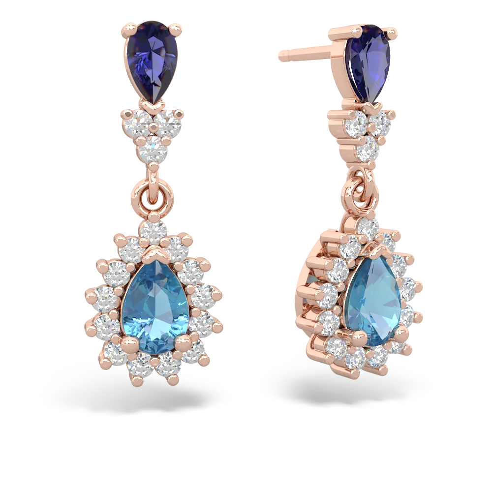 Lab Sapphire Halo Pear Dangle 14K Rose Gold earrings E1882