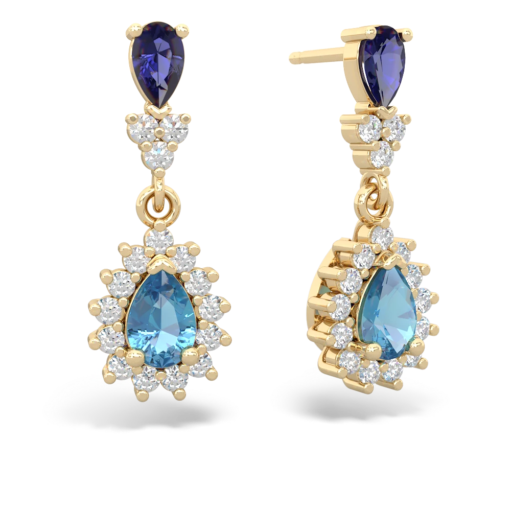 Lab Sapphire Halo Pear Dangle 14K Yellow Gold earrings E1882