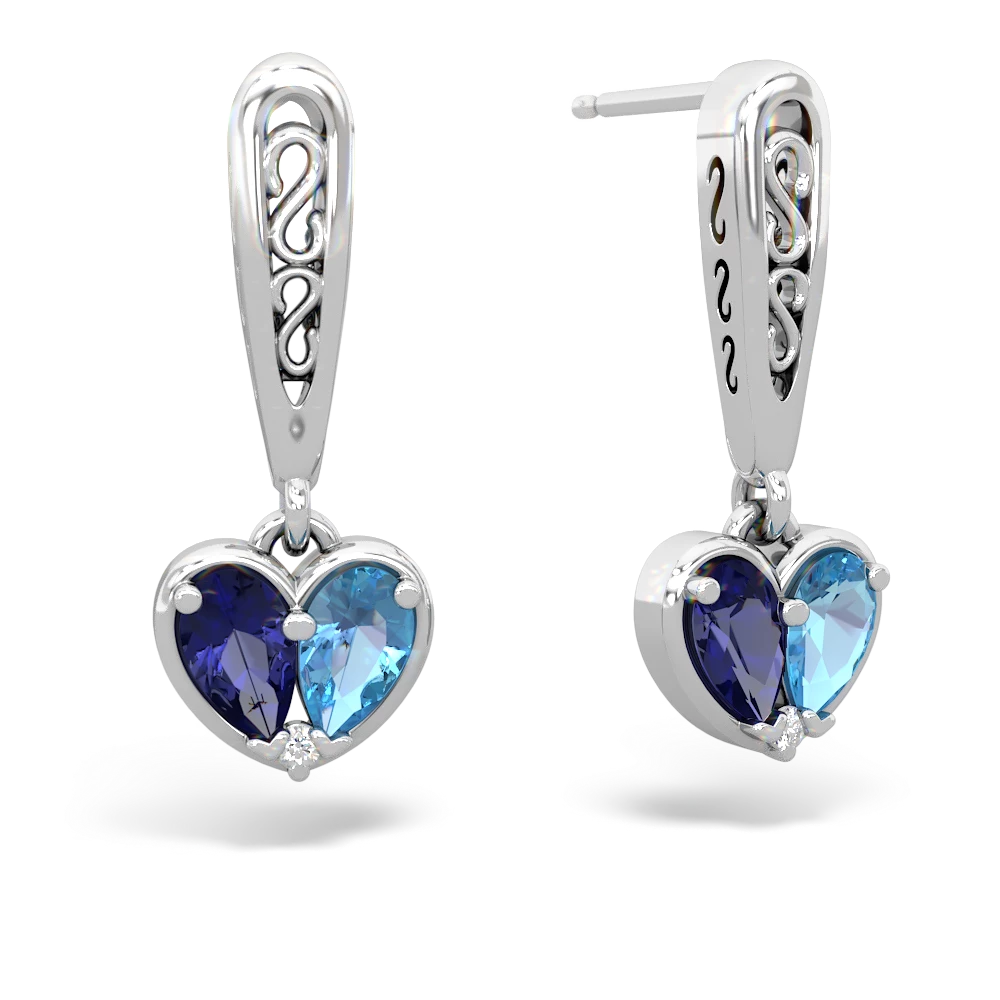 Lab Sapphire Filligree Heart 14K White Gold earrings E5070