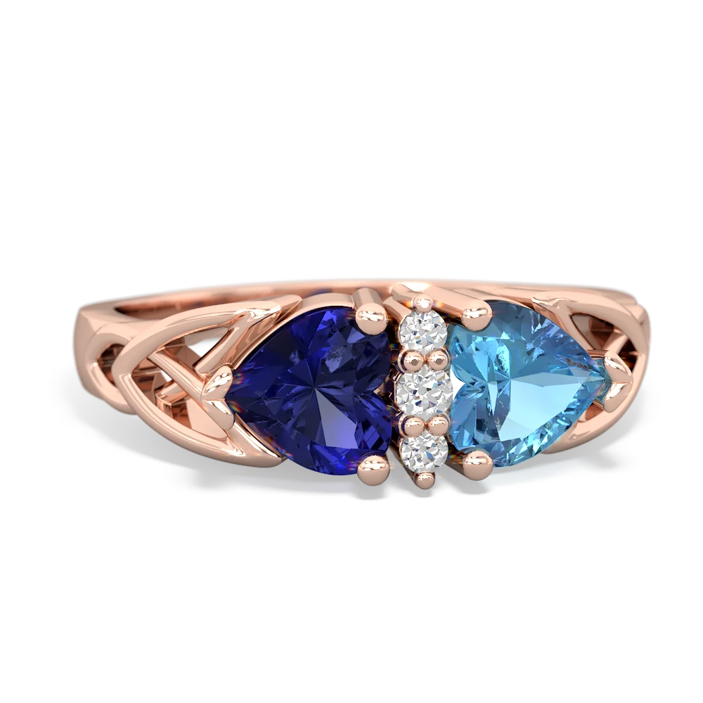 Lab Sapphire Celtic Knot Double Heart 14K Rose Gold ring R5040