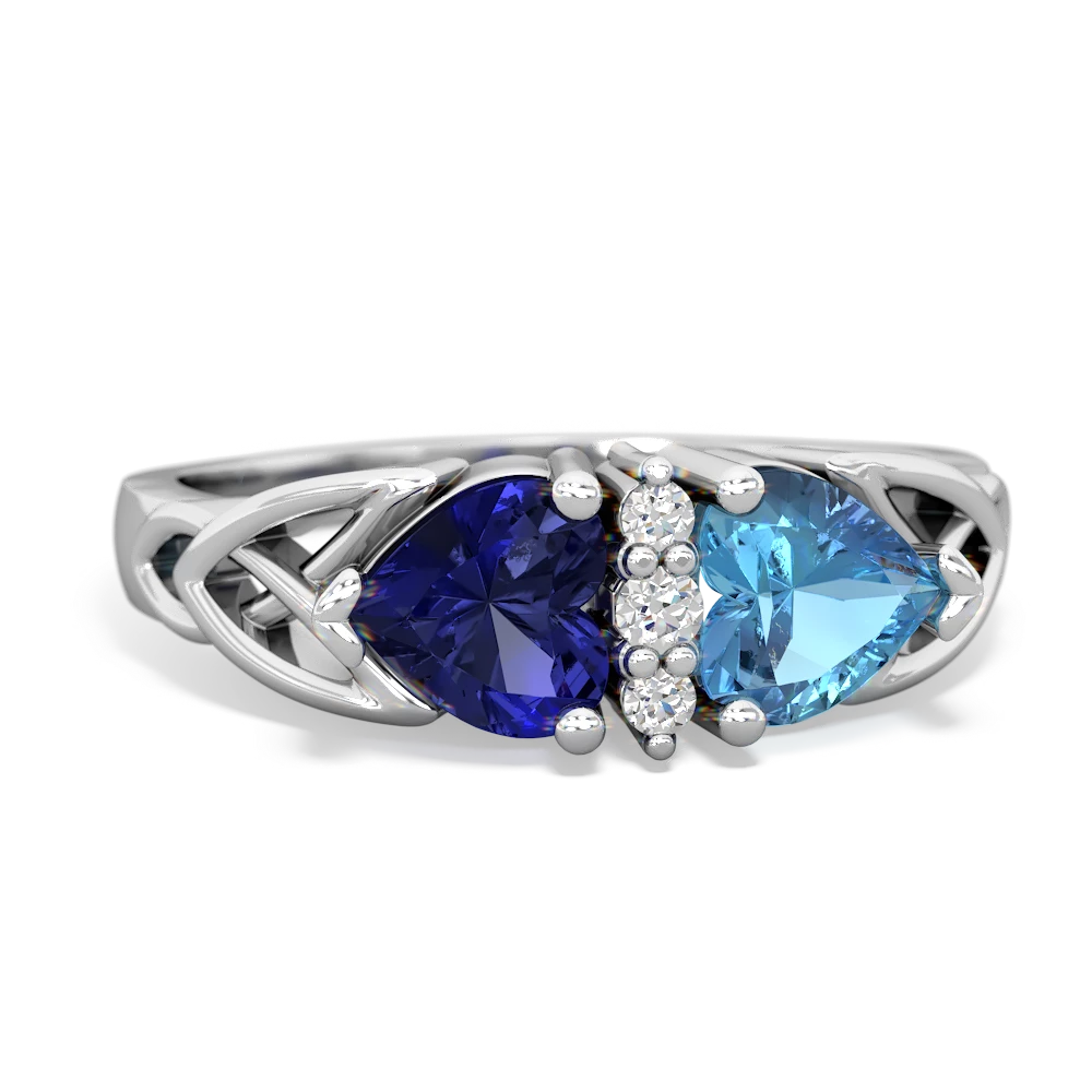 Lab Sapphire Celtic Knot Double Heart 14K White Gold ring R5040