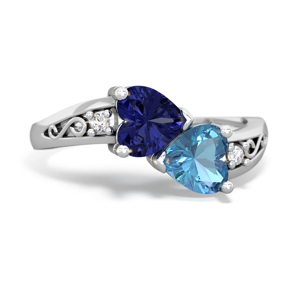 Lab Sapphire Snuggling Hearts 14K White Gold ring R2178