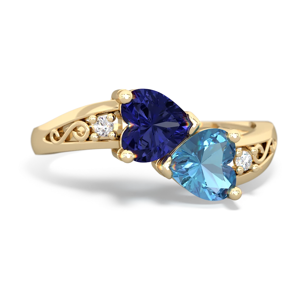 Lab Sapphire Snuggling Hearts 14K Yellow Gold ring R2178