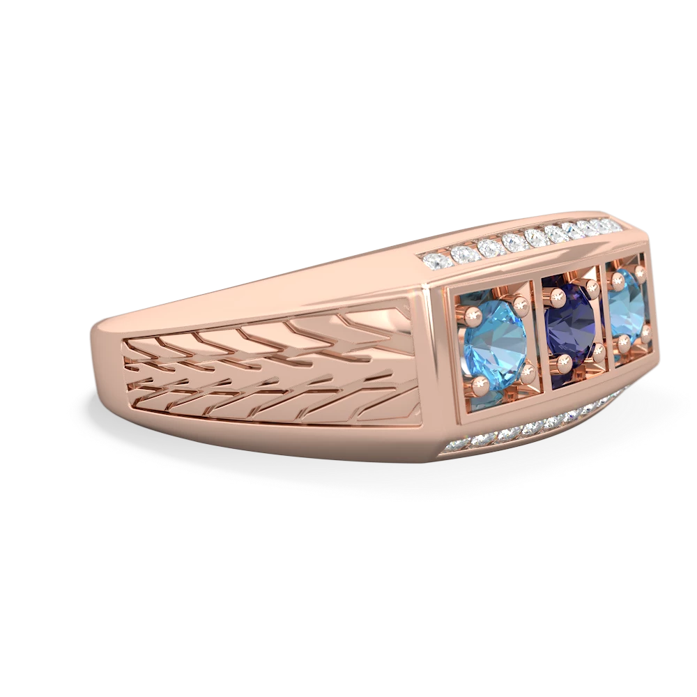 Lab Sapphire Three Stone Tire Tread Men's 14K Rose Gold ring R0520