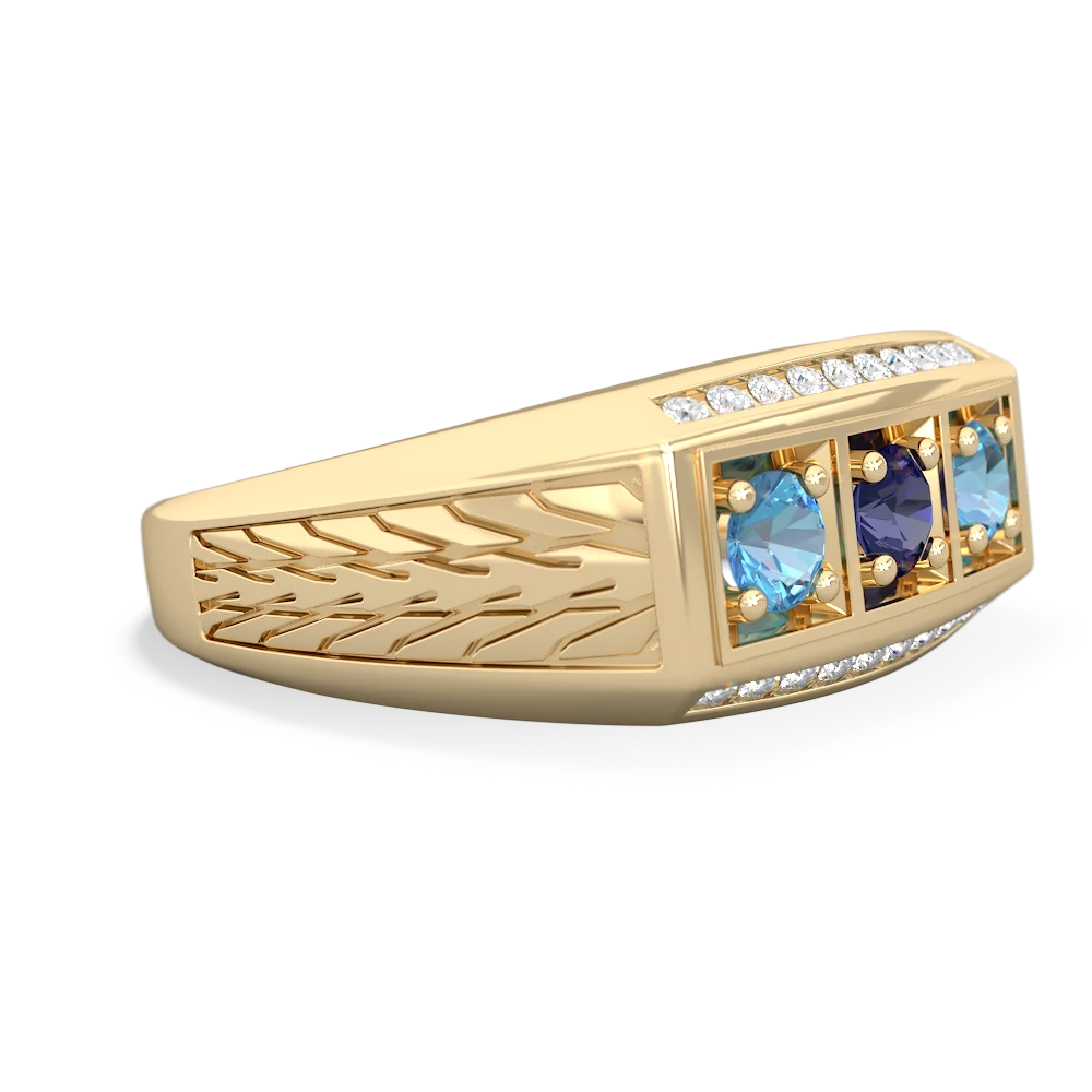 Lab Sapphire Three Stone Tire Tread Men's 14K Yellow Gold ring R0520