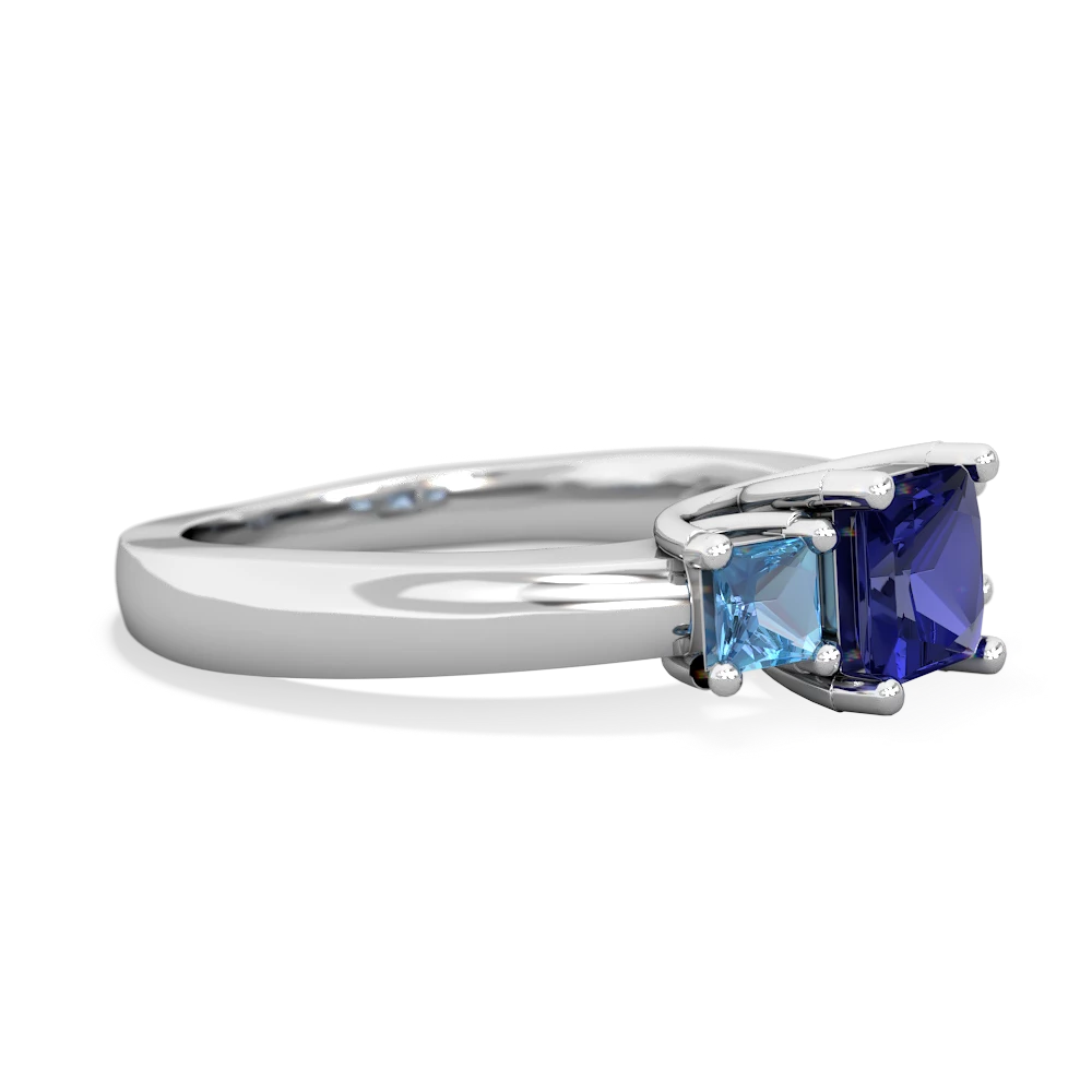 Lab Sapphire Three Stone Trellis 14K White Gold ring R4015