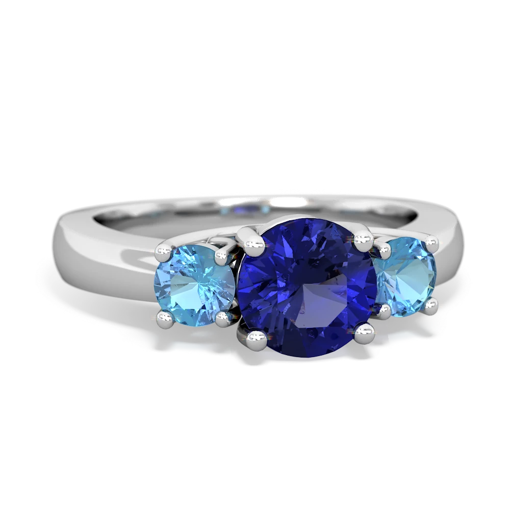 Lab Sapphire Three Stone Round Trellis 14K White Gold ring R4018