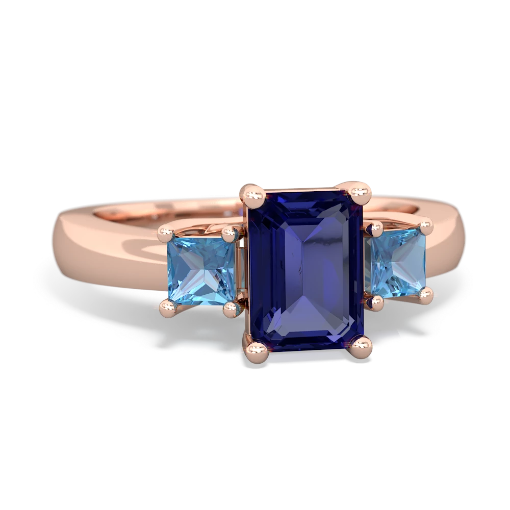 Lab Sapphire Three Stone Emerald-Cut Trellis 14K Rose Gold ring R4021