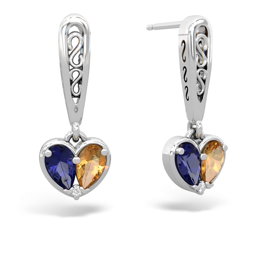 Lab Sapphire Filligree Heart 14K White Gold earrings E5070