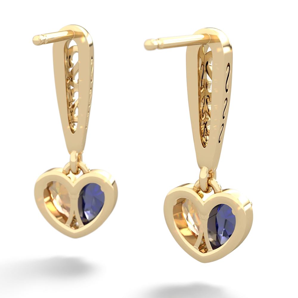 Lab Sapphire Filligree Heart 14K Yellow Gold earrings E5070