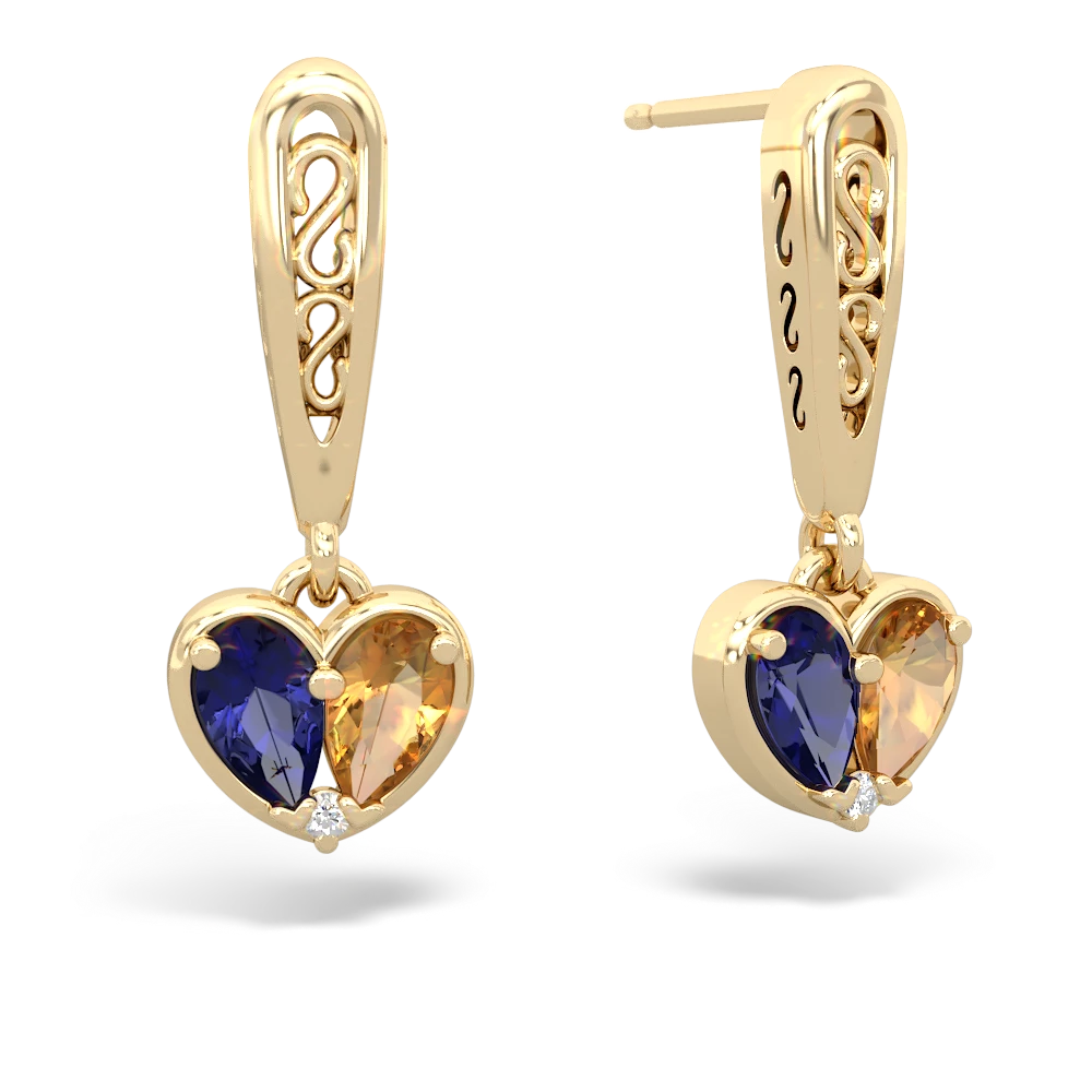 Lab Sapphire Filligree Heart 14K Yellow Gold earrings E5070