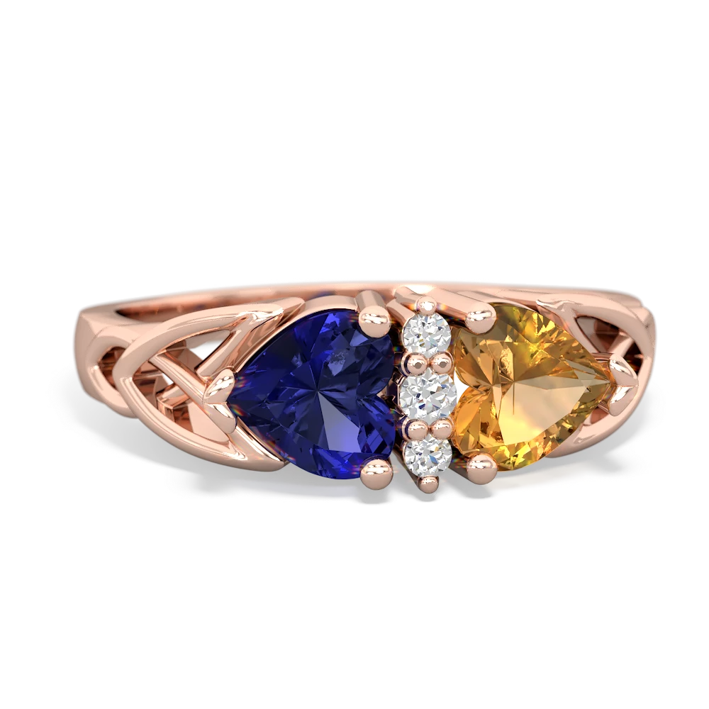 Lab Sapphire Celtic Knot Double Heart 14K Rose Gold ring R5040