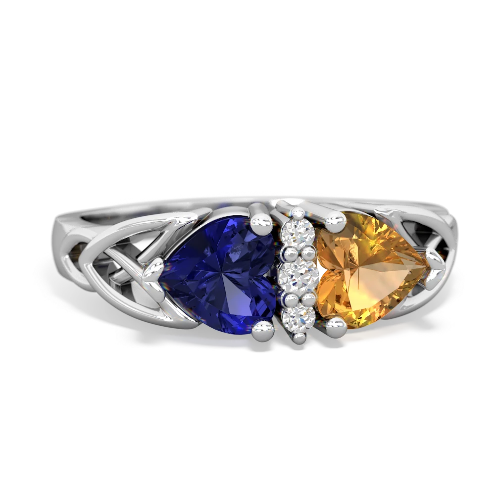 Lab Sapphire Celtic Knot Double Heart 14K White Gold ring R5040